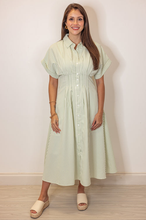 green stripe pin tuck midi dress