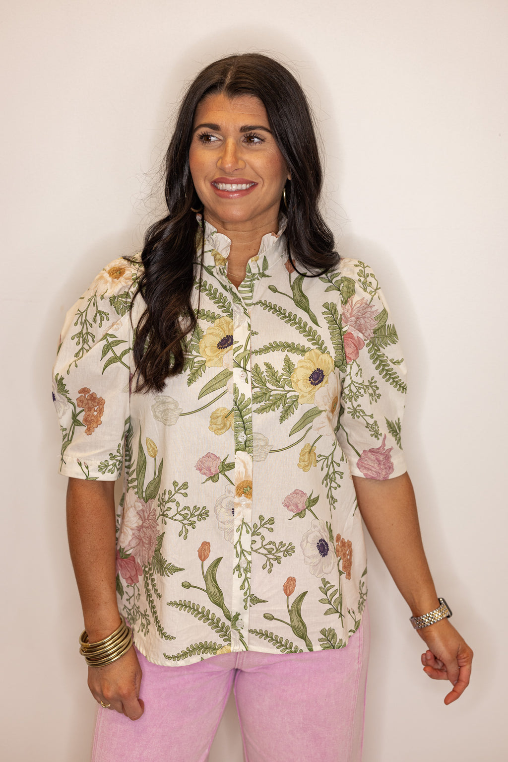 ivory linen floral button up spring top