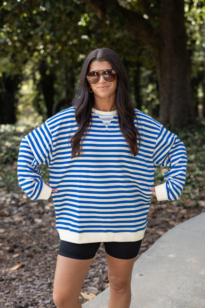 blue stripe crew neck pullover