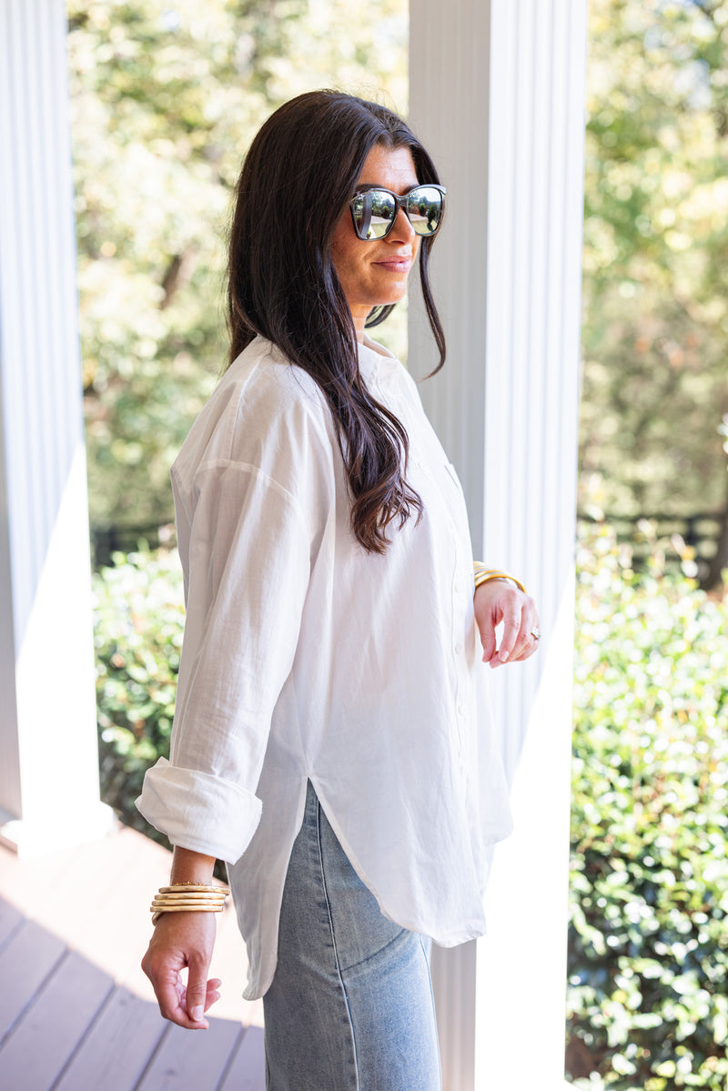 white button down cotton linen blouse