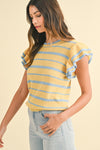 Anniewear yellow and light blue striped knit top with ruffled shoulders