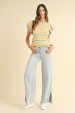 Anniewear yellow and light blue striped knit top with ruffled shoulders