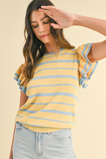 Anniewear yellow and light blue striped knit top with ruffled shoulders