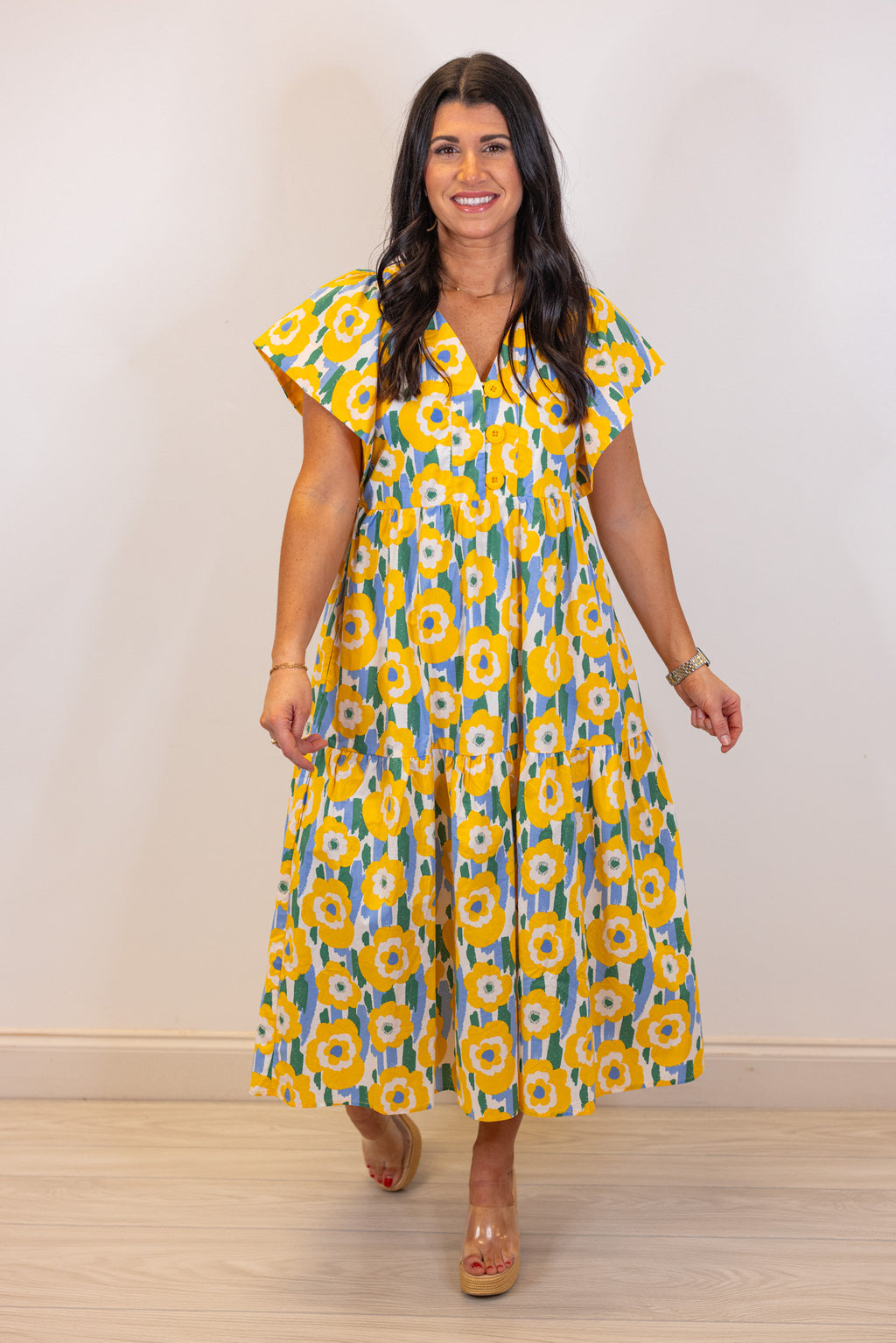 entro yellow floral spring midi dress