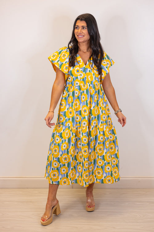 entro yellow floral spring midi dress