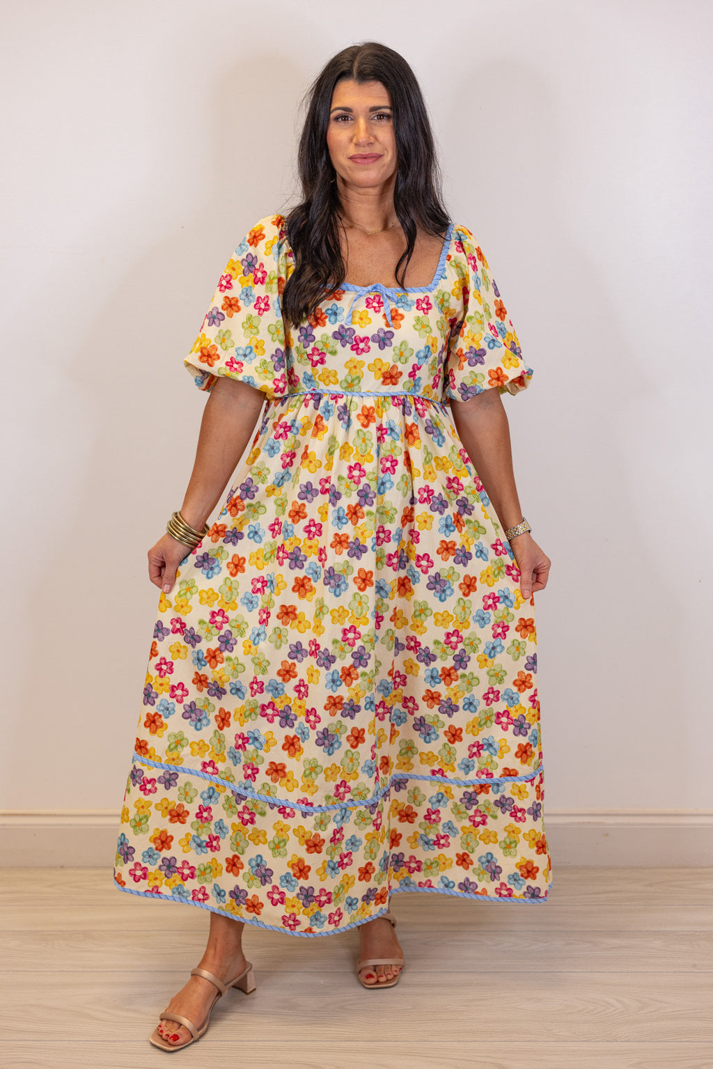 yellow multi color floral babydoll midi dress