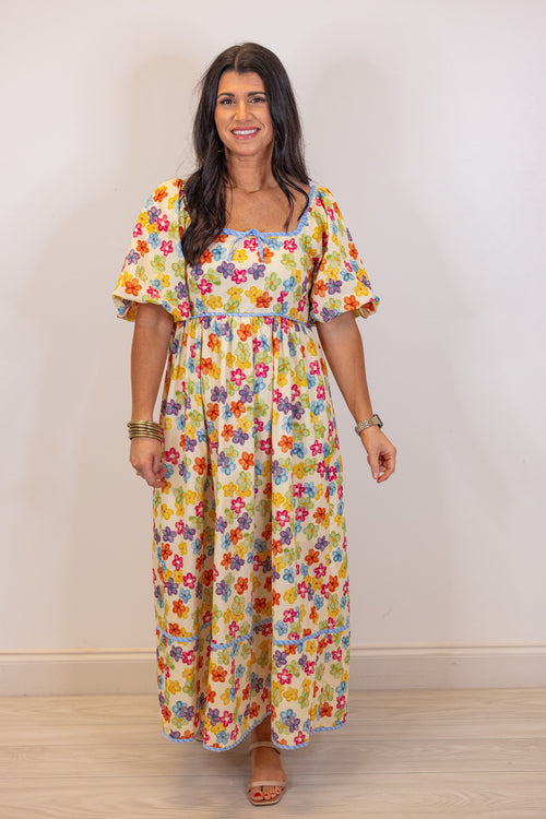 yellow multi color floral babydoll midi dress